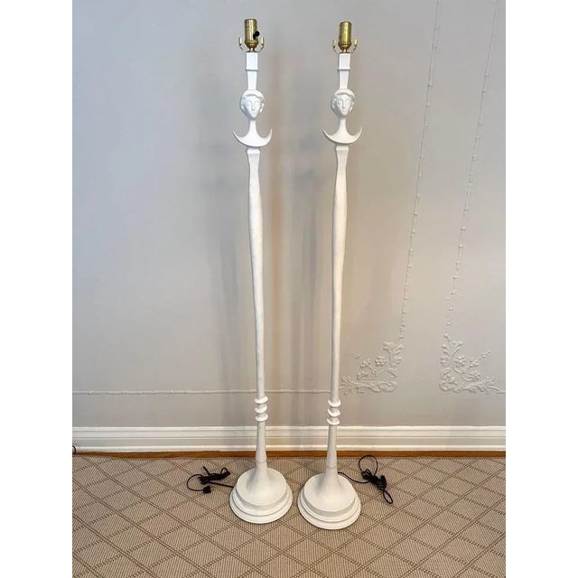 White Gesso Over Bronze Floor Lamps in the Style Giacometti With Shades - a Pair For Sale In Los Angeles - Image 6 of 8