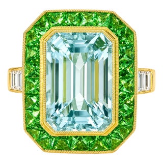 1920s 18K Yellow Gold Aquamarine Diamond Tsavorite Mosaic Ring Art Deco Estate, Size 6.75 For Sale