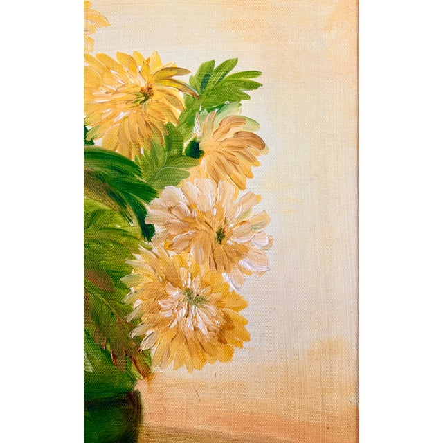 Mid 20th Century Original Still Life Yellow Flowers in Green Pot Oil on Canvas, Framed For Sale - Image 9 of 10