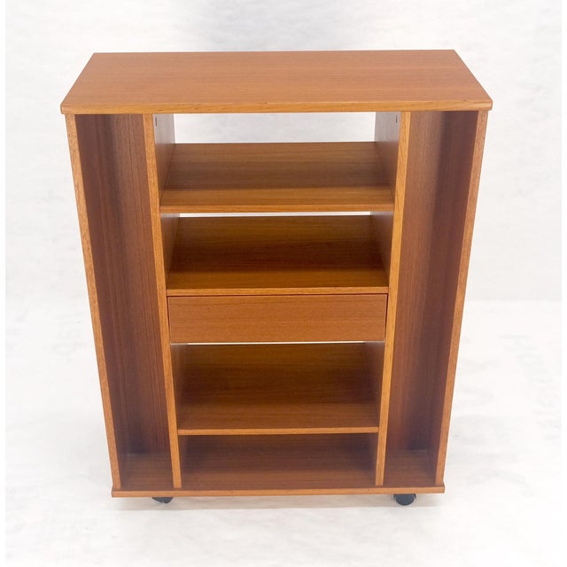 Wood Danish Mid Century Modern 1970s Teak Bookcase Entertainment Center on Wheels For Sale - Image 7 of 14