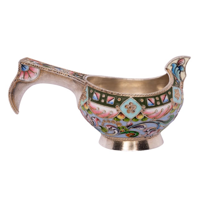 Antique Imperial Russian Solid Silver Gilt Cloisonne Enamel Kovsh Moscow 1908 For Sale - Image 10 of 11
