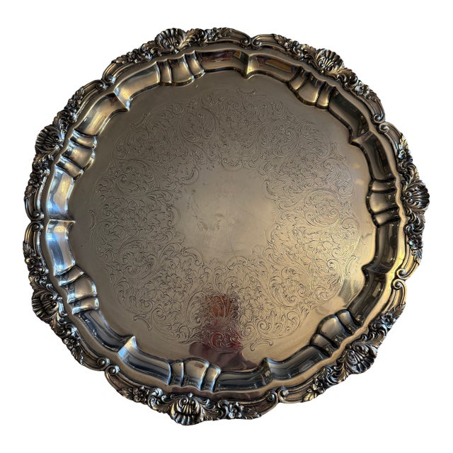 1950s Poole Epca Silverplate Large Round Footed Serving Tray For Sale