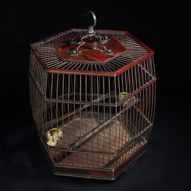 Brown Vintage Chinese Huali Rosewood Hexagonal Bird Cage With Matching 60cm Wooden Pole For Sale - Image 8 of 10