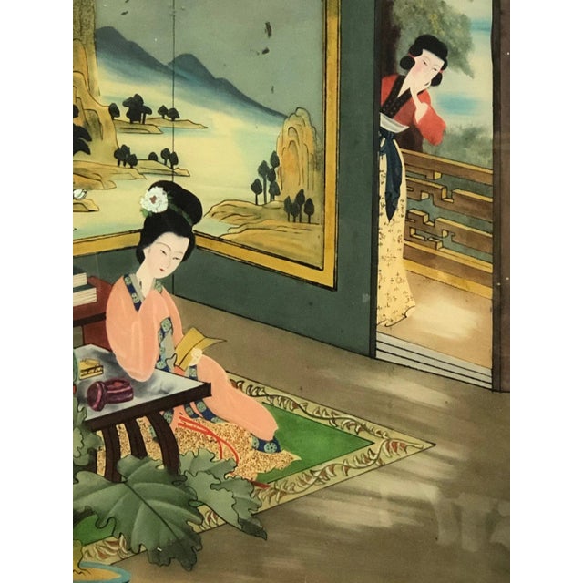 Antique Chinese Reverse Glass Painting of a Geisha, Original - 17" x 23"