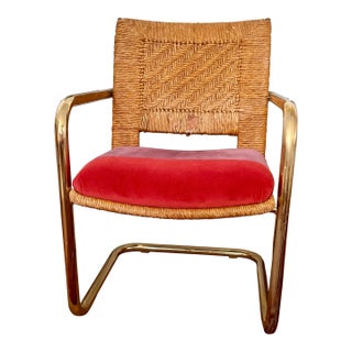 Vintage Unmarked Chromcraft Cantilevered Chair Gold, Rush and Color Blocked Velvet For Sale