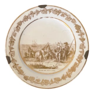 Antique Early 19th Century Paris Porcelain Plate Decorated in Gold With a Scene Titled "Fisherman's Harvest" For Sale