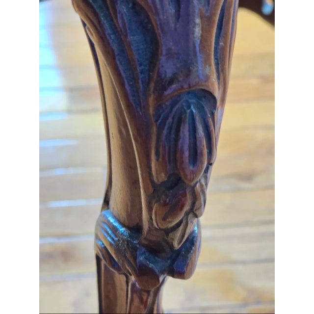 Brown Vintage Carved Round Wood French Accent Table Figural With Floral Inlay Marquerty & Ornate Carved Base Neo Classical For Sale - Image 8 of 9