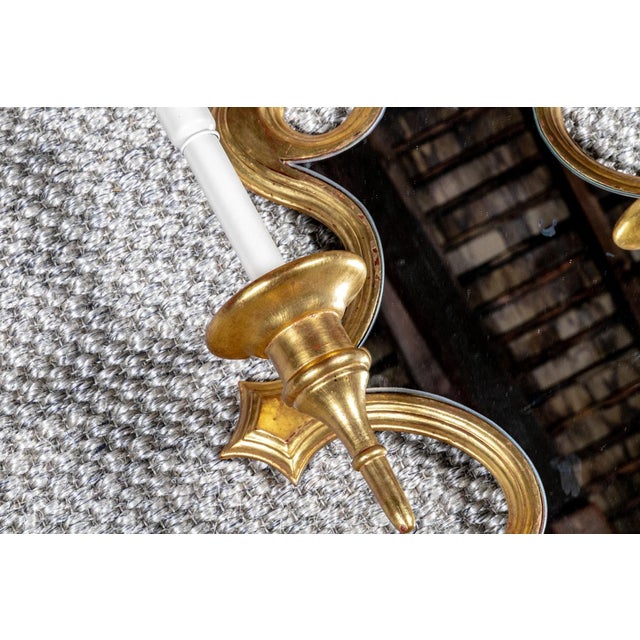 Wood Vintage Ornate Gilt Mirrored Double Light Wall Sconces—A Pair For Sale - Image 7 of 9