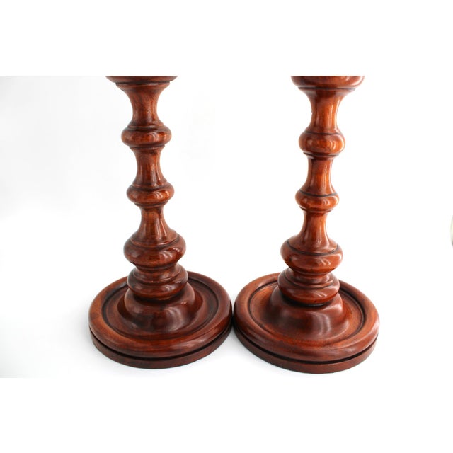 1970s Pair of Large Turned Wood Candlesticks by Theodore Alexander, 17.5" Tall For Sale - Image 5 of 8