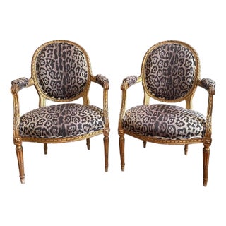 Pair of Louis XVI Medallion Style Arm Chairs Giltwood, 18th Century For Sale