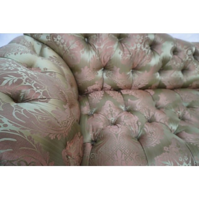 Pair of Custom Curved Back Tufted Damask Sofas Includes Additional Silk Velvet Slipcovers For Sale - Image 17 of 18
