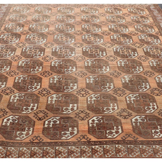 Early 20th Century Antique Turkomen Ersari Rug With Gul Design in Orange, Brown 9'7 X 12'10 For Sale - Image 5 of 16
