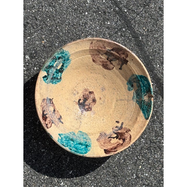 Late 19th C. French Redware Pottery Centerpiece Bowl. Unusual color way, with a pale pink base featuring teal / Atlantic...