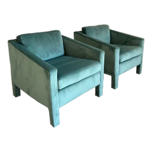 Newly Upholstered Vintage Teal Velvet Club Lounge Chairs - a Pair