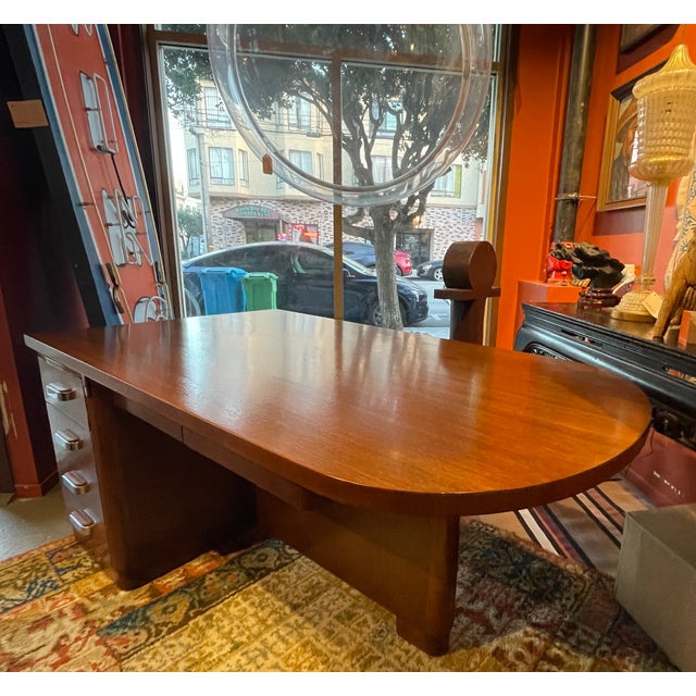 French Geometric Art Deco Rose Wood and Chrome Executive Desk W/ Bookshelves For Sale - Image 4 of 17