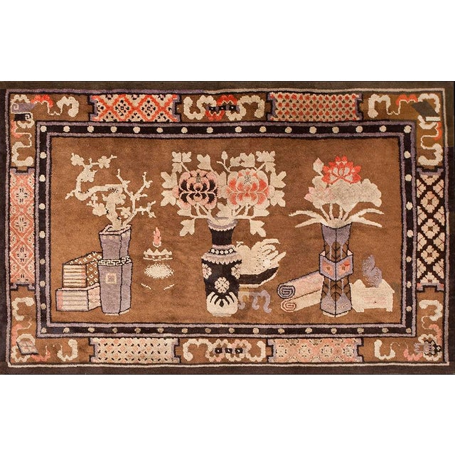1920s Brown Floral Vase Antique Chinese Bao Tou Rug 4' 2'' X 6' 6'' Knotted Wool Carpet For Sale - Image 9 of 9