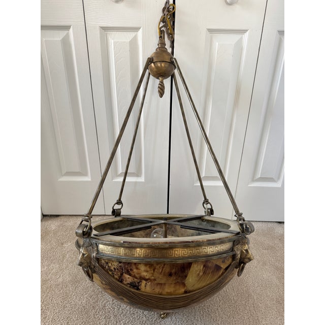 Bronze Vintage 1950s Neoclassical Gilded Brass Lion Heads Alabaster Pendant Chandelier For Sale - Image 8 of 18