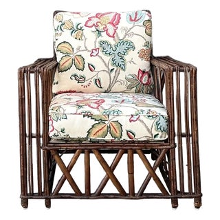 Vintage Stick Rattan Lounge Chair in Vintage Schumacher Paisley For Sale
