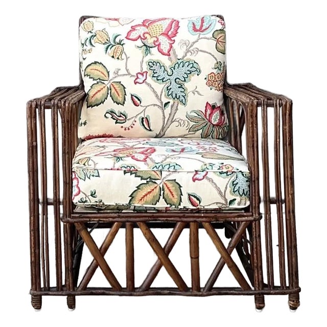 Vintage Stick Rattan Lounge Chair in Vintage Schumacher Paisley For Sale