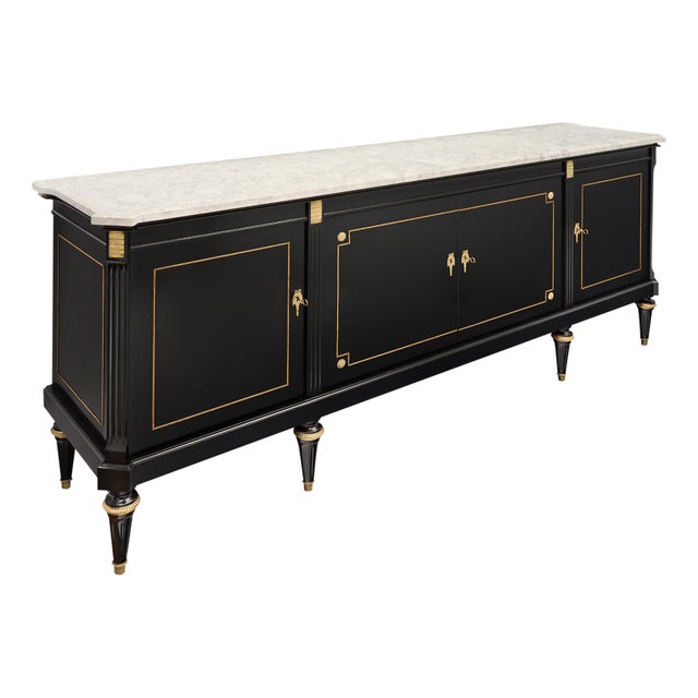 French Louis XVI Style Ebonized Mahogany Breakfront Enfilade With Carrara Marble, Circa 1920 For Sale - Image 4 of 9