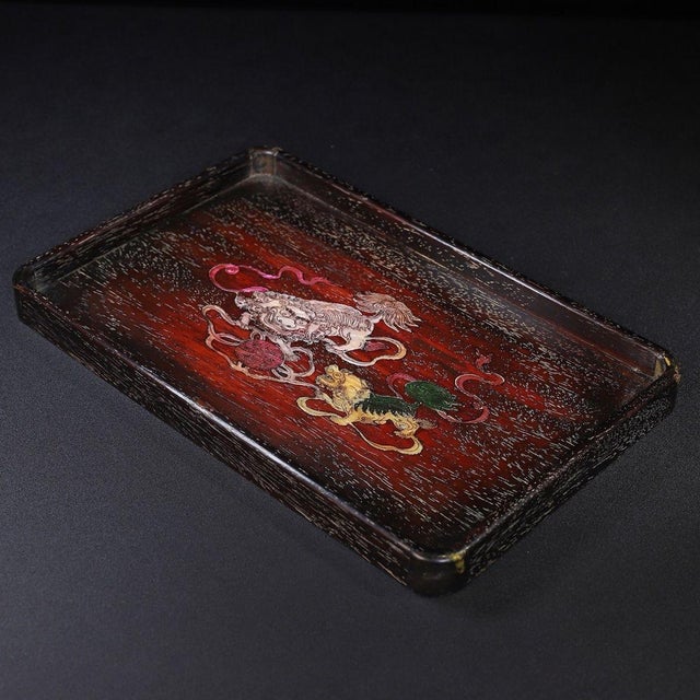 Chinese Rosewood Tray Inlaid With Mother-of-Pearl Lion Motif For Sale - Image 3 of 10