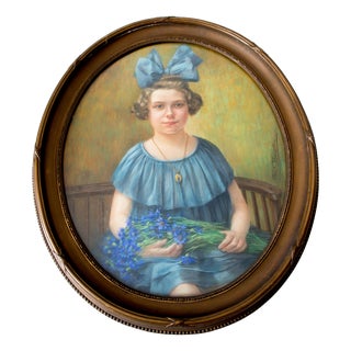 Aline Boisset, Young Girl with Blue Bouquet, 1940s, Pastel on Paper For Sale