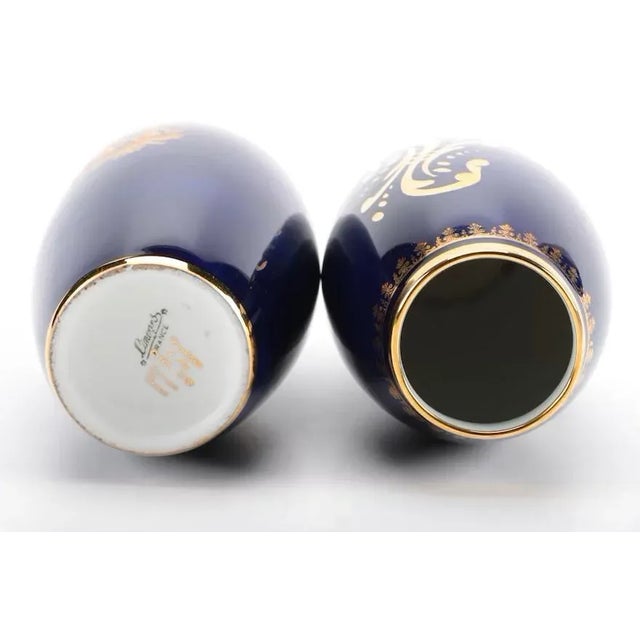 French Early 20th Century Pair of Gilt and Cobalt Limoges Vases For Sale - Image 3 of 6