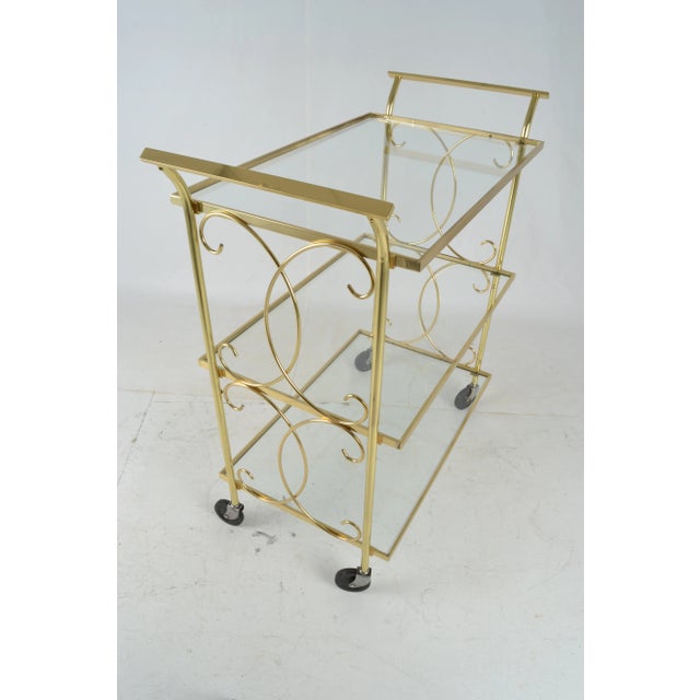 Gold Brass Drinks Cart With Decorative Scroll Work For Sale - Image 8 of 9