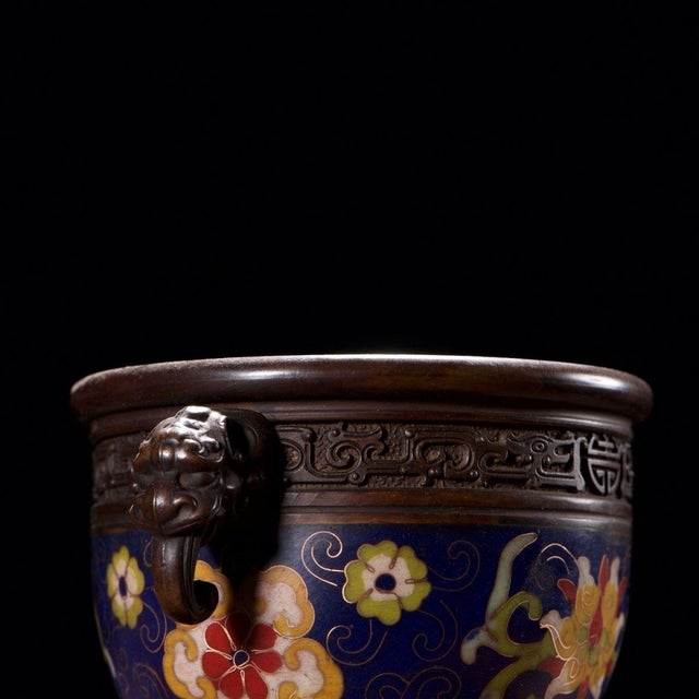 Blue Vintage Cloisonné Enamel Censer With Beast Handles and Lotus Motif For Sale - Image 8 of 9