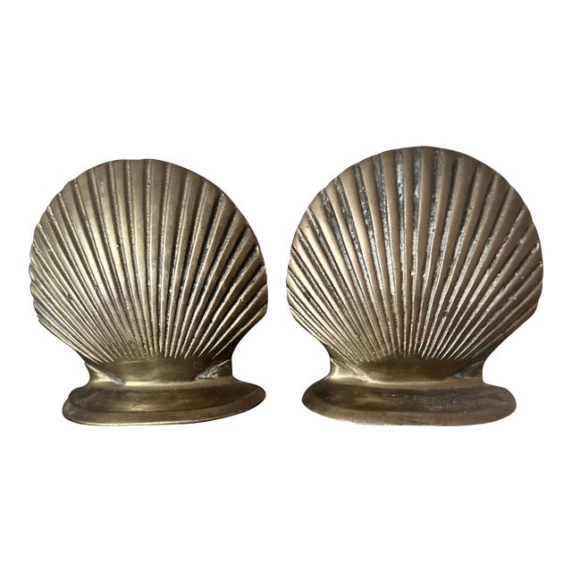Palm Beach Collections- Vintage Brass Shell Bookends - A Pair For Sale