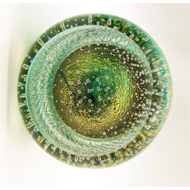 Seguso Bullicante Gold and Teal Green Murano Glass Vase Mid Century