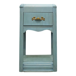 Mid Century Waterfall Night Stand Painted Blue Brass Handle Drawer For Sale