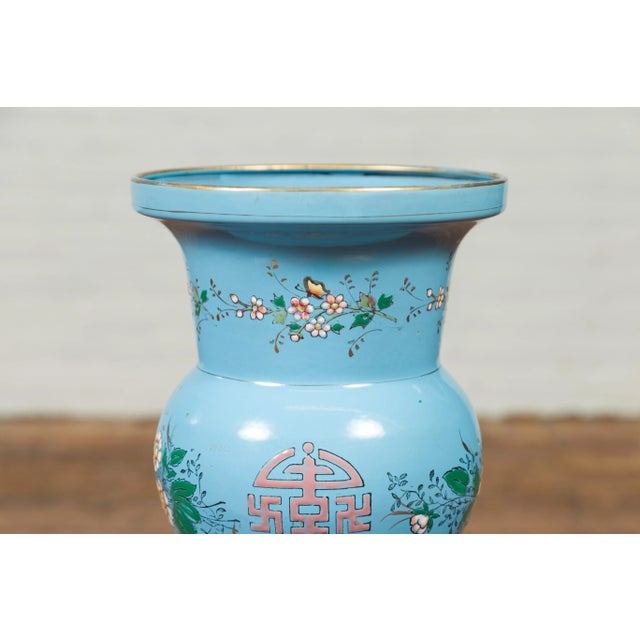 Vintage Chinese Hand Painted Blue Metal Vase with Calligraphy and Floral Décor For Sale - Image 4 of 12