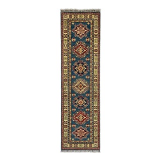 Blue and Cream Kazak-Style Wool Runner Rug With Tribal Medallions, 2'8" X 9'7" For Sale