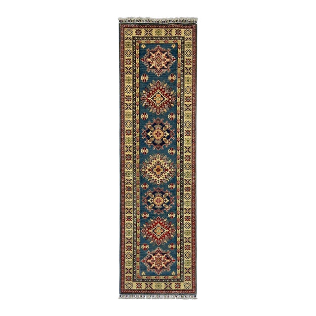 Blue and Cream Kazak-Style Wool Runner Rug With Tribal Medallions, 2'8" X 9'7" For Sale