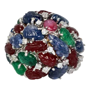 1960s Tutti Frutti 18k Emeralds, Rubies, Sapphires and Diamonds Ring Size 6.5