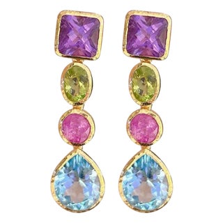 Bochic “Orient” Vintage Amethyst, Peridot, Ruby & Topaz Earrings Set 18K Gold For Sale