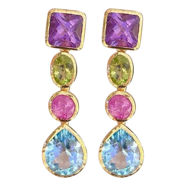 Bochic “Orient” Vintage Amethyst, Peridot, Ruby & Topaz Earrings Set 18K Gold For Sale