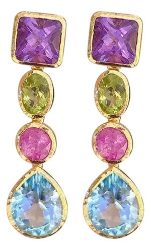 Bochic “Orient” Vintage Amethyst, Peridot, Ruby & Topaz Earrings Set 18K Gold