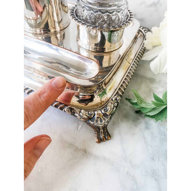 Metal Rare Early 19th Century Old Sheffield Plate Inkwell Stand With Original Cut Glass Inserts, Circa 1820 For Sale - Image 7 of 10