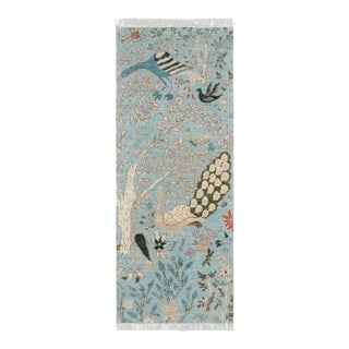 2.6x6ft. Light Blue Peacock Bird Garden Hand Knotted Wool Rug For Sale