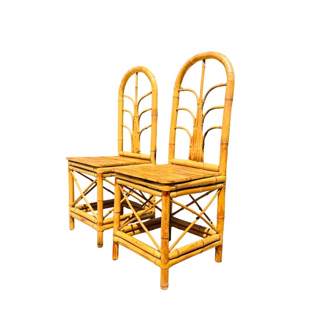 Chinoiserie Pair of Vintage Hollywood Regency Bamboo & Rattan Dining Chairs | Palm Beach Coastal Chinoiserie Bent Bamboo High-Back Accent Chairs For Sale - Image 3 of 13