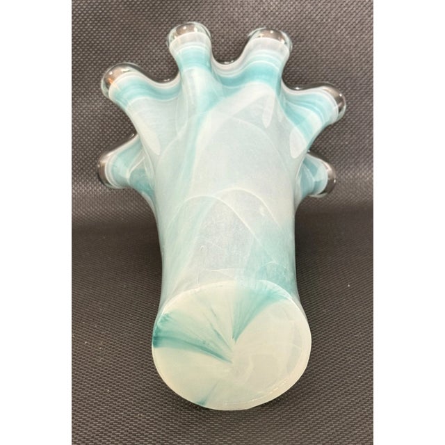 Glass Vintage Murano Style Ruffle Rim Light Aqua & White Swirl Glass Handkerchief Vase For Sale - Image 7 of 7