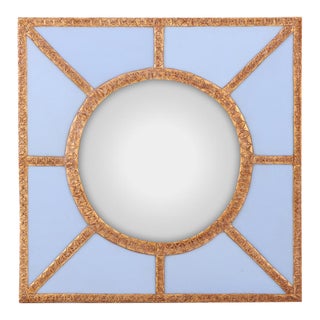 A Bold Geometric Blue Glass and Gold Resin Convex Wall Mirror For Sale