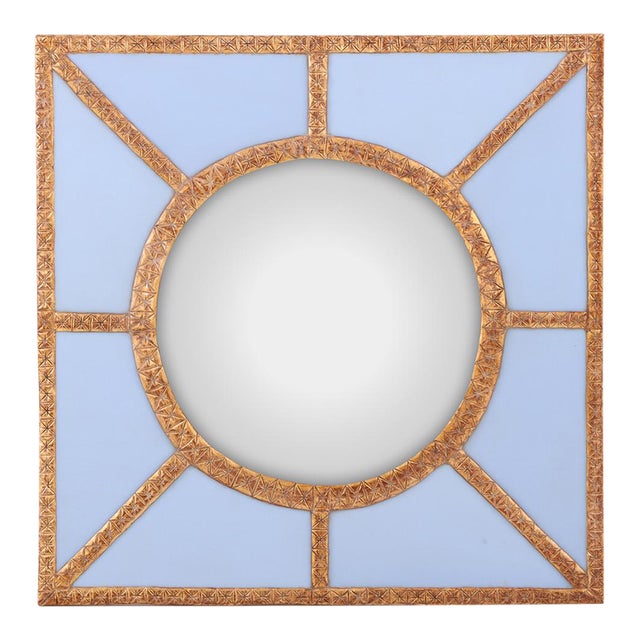 A Bold Geometric Blue Glass and Gold Resin Convex Wall Mirror For Sale