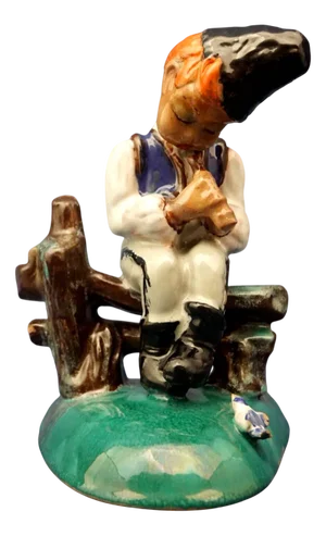20th Century Ceramic Figurine of a Child with a Flute and a Bird from Szecsi, Hungary