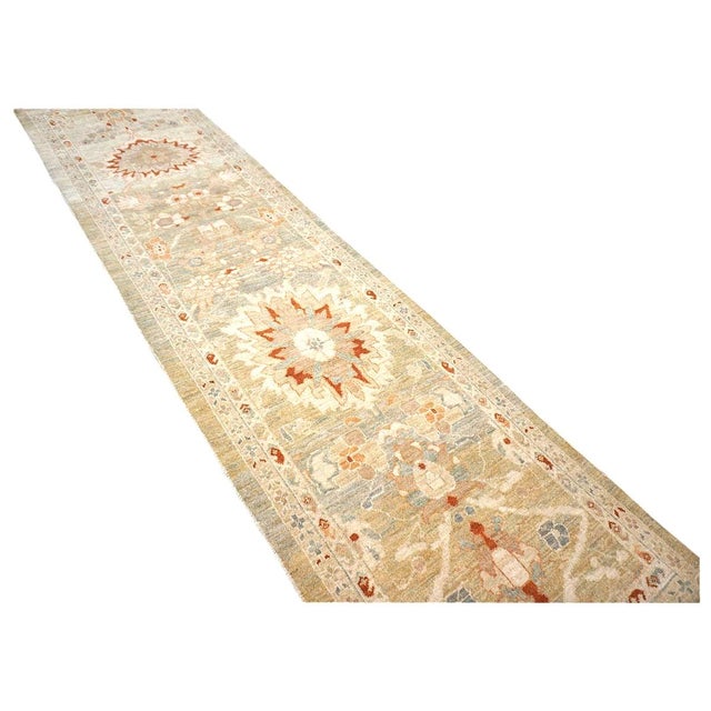 Textile Persian Sultanabad Wool 3x12 Khaki, Slate, & Rust Handmade Runner Rug #1142113 For Sale - Image 7 of 13