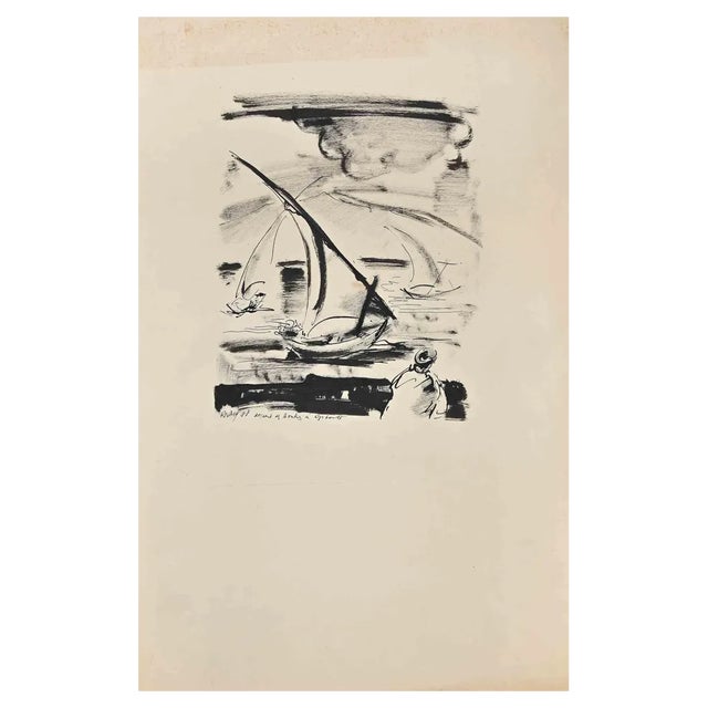 Robert Naly, Boat, Original Ink Drawing, Mid 20th-Century For Sale