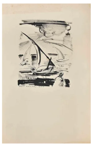 Robert Naly, Boat, Original Ink Drawing, Mid 20th-Century