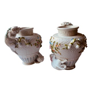 Antique European Porcelain Playful Cat Basketweave Vases - A Pair For Sale